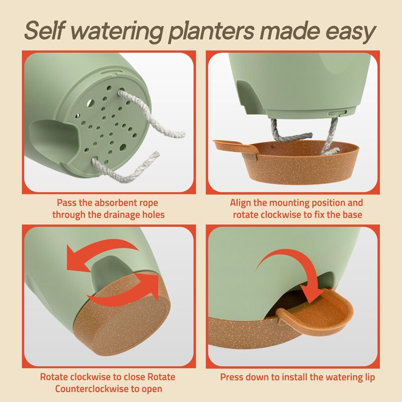 Green Self Watering Pots 20 Pack with Wick Rope & Drainage Holes, Indoor Outdoor Plastic Planters for Succulents, Herbs & Houseplants image number 6