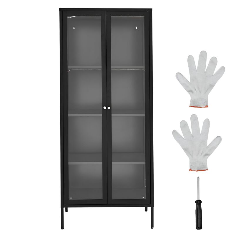4-Tier Glass Door Display Cabinet with 3 Adjustable Shelves and LED Lighting for Home Display-Black image number 3