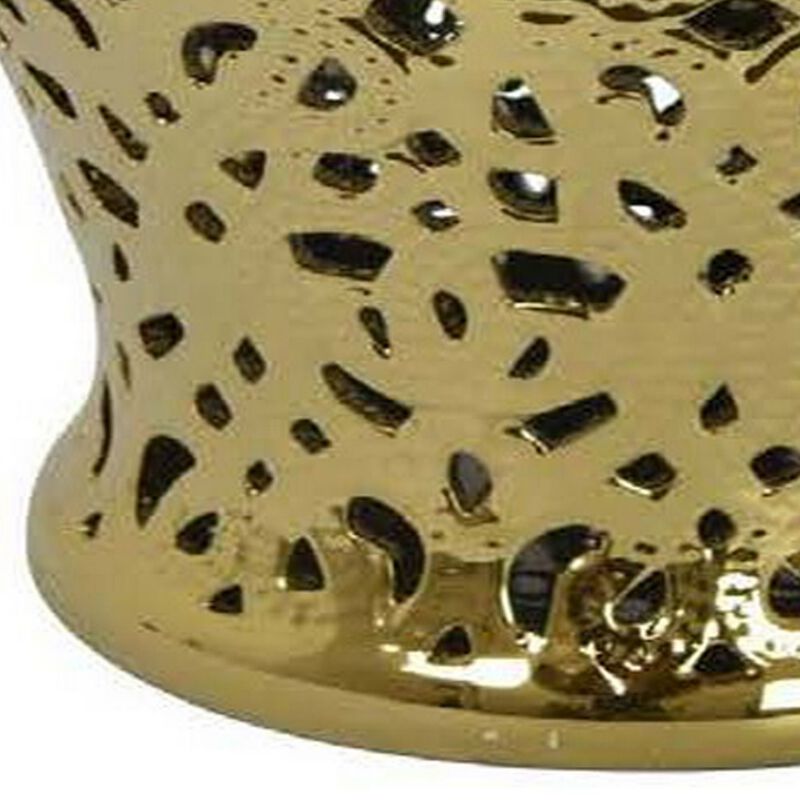 24 Inch Decorative Temple Jar, Pierced Details, Dome Lid, Gold Ceramic - Benzara