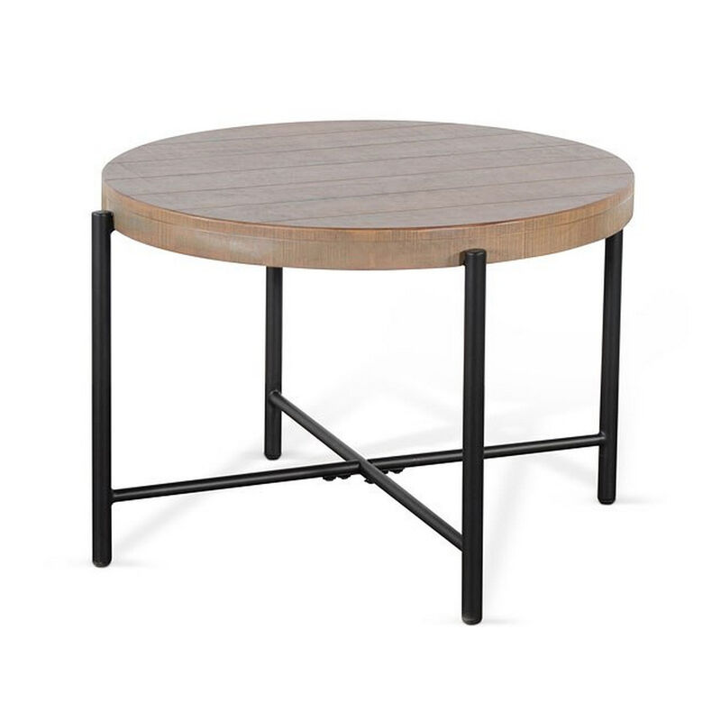 Reena End Table, Light Brown Mahogany, Black Metal, Round 28 Inch