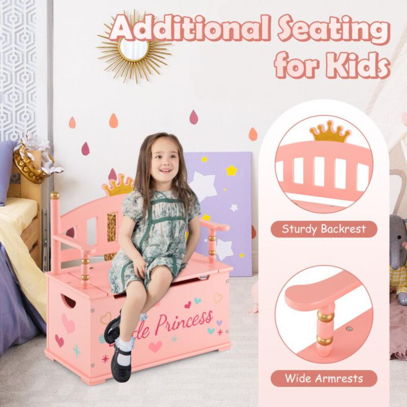 Hivvago 2-In-1 Kids Princess Wooden Toy Box with Safe Hinged Lid