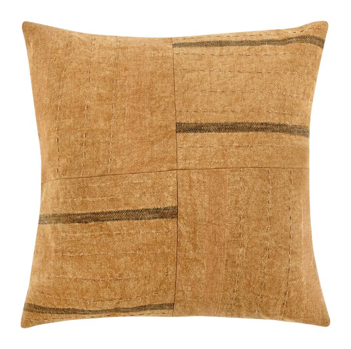 Rijo Throw Pillow, Square 22 Inch Hand Embroidery, Brown Flax Linen - Benzara