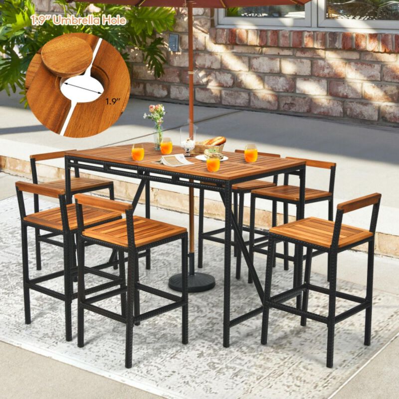 Hivvago 7 Pieces Acacia Wood Patio Rattan Bar Set with Umbrella Hole