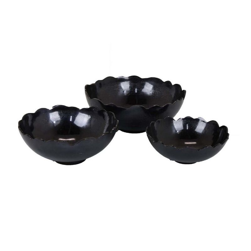 Bonz Set of 3 Bowls, Unique Top Shape, Round Base, Black Metal Finish - Benzara
