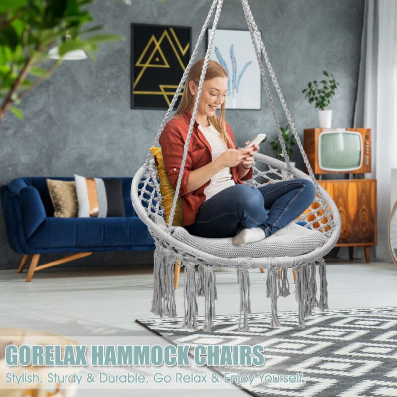 Hanging Macrame Hammock Chair with Handwoven Cotton Backrest image number 2