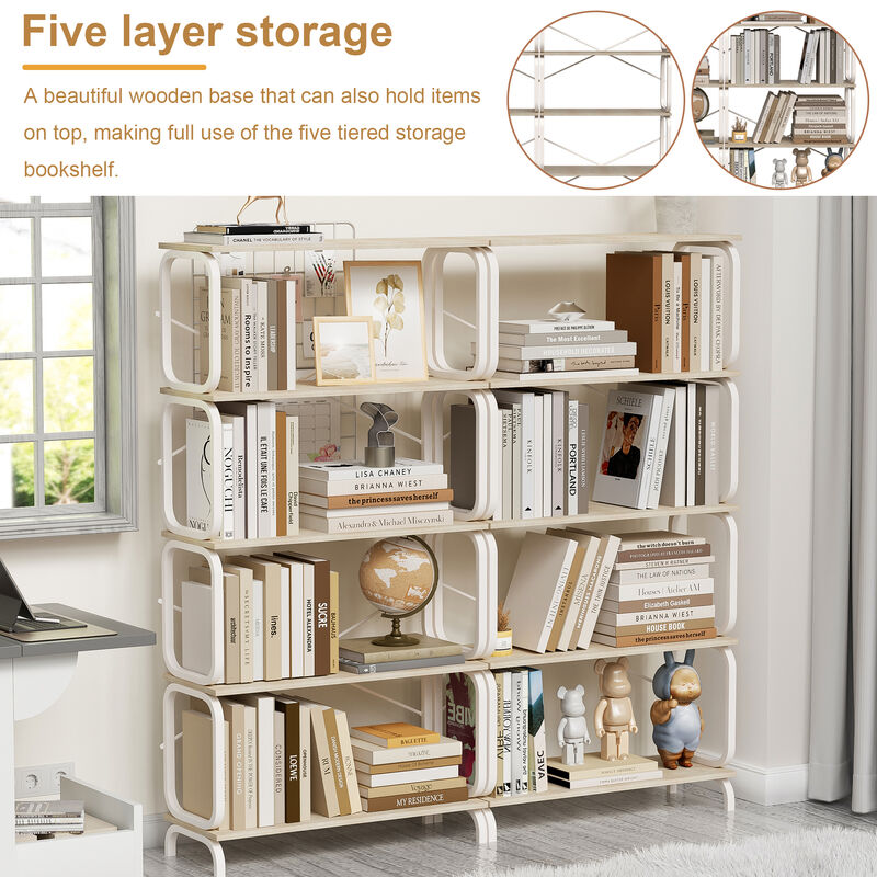 5-Tier Large Book Shelf with White Metal Frame for Home Office or Living Room