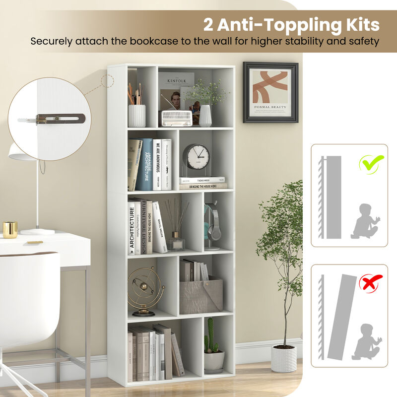 Modern Tall 5-Tier Bookshelf with 10 Geometric Cubes &ndash; Space-Saving Organizer