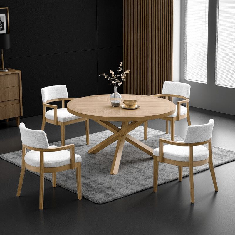 Semi Dining Table, 54 Inch Round Top, Cross Base, Oak Brown Finish