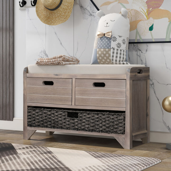 Storage Bench With Removable Basket And 2 Drawers, Fully Assembled Shoe Bench