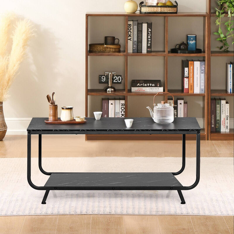 2-Tier Modern Marble Coffee Table with Storage Shelf for Living Room-Black
