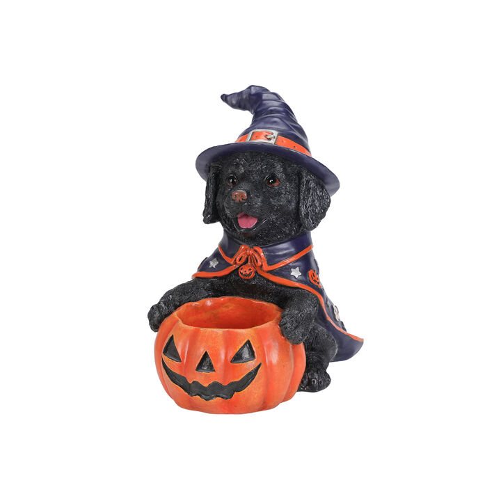 Ripfes Halloween Resin Labrador Witch Figurine with Pumpkin Candy Bowl