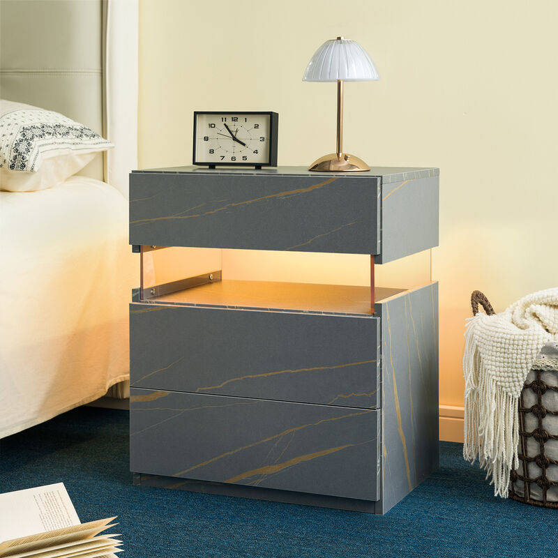 TATEUS Acrylic LED Nightstand with 3 Drawers, Lighted Bedside Table Dresser for Bedroom End Furniture