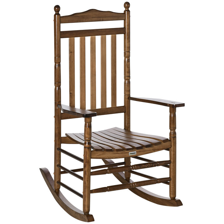 Outsunny Traditional Wooden High-Back Rocking Chair for Porch, Indoor/Outdoor, Brown