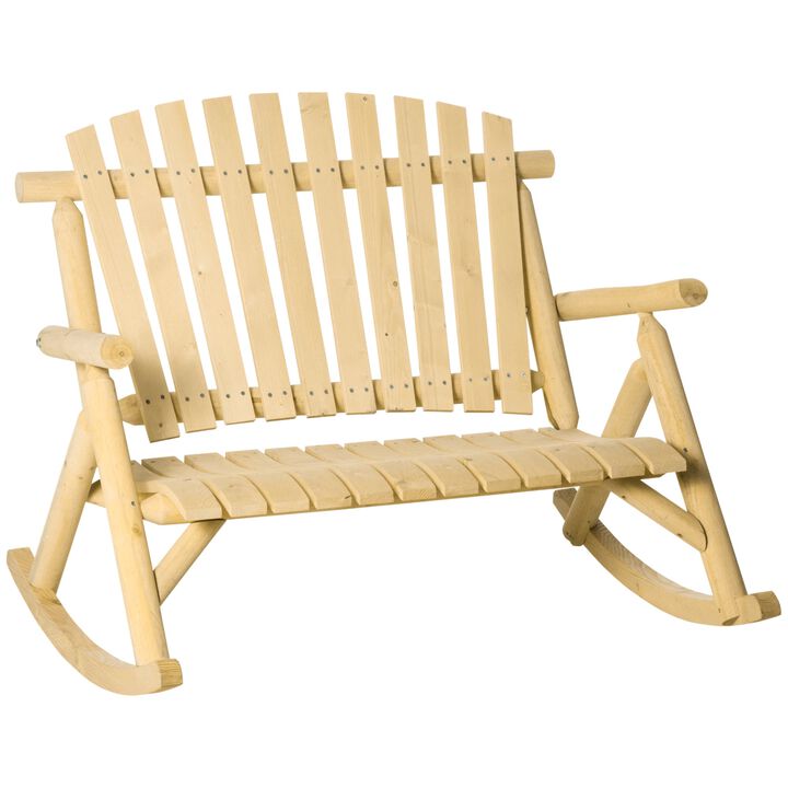 Natural Wooden Rocking Chair: 2 Person Porch Rocker Bench, Indoor Outdoor Porch Rocker with Slatted Design, High Back for Backyard, Garden