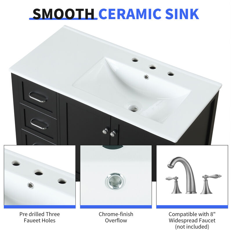 Whisen Bathroom Vanity with Sink, Freestanding Vanity with Drawers, cabinet and Open shelf - Black