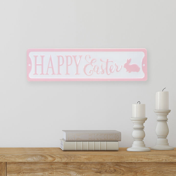 13" Pink and White Metal "Happy Easter" Sign with Bunny Rabbit Wall Decor