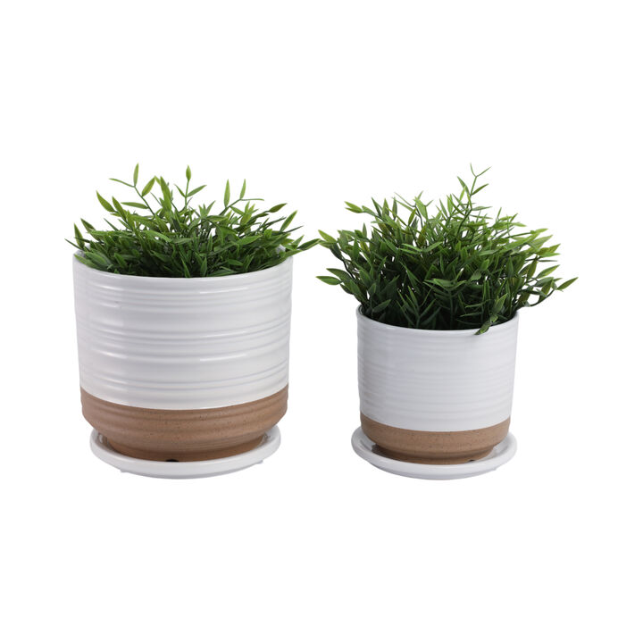 S/2 6/8" Ribbed Planter Saucer, White/tan