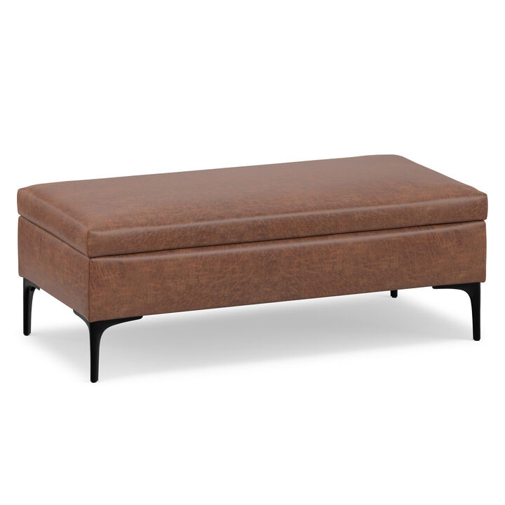 Rebecca 48 inch Wide Mid Century Modern Rectangle Large Coffee Table&nbsp;Storage Ottoman with Lift up Lid in Distressed Saddle Brown Faux Leather, Assembled