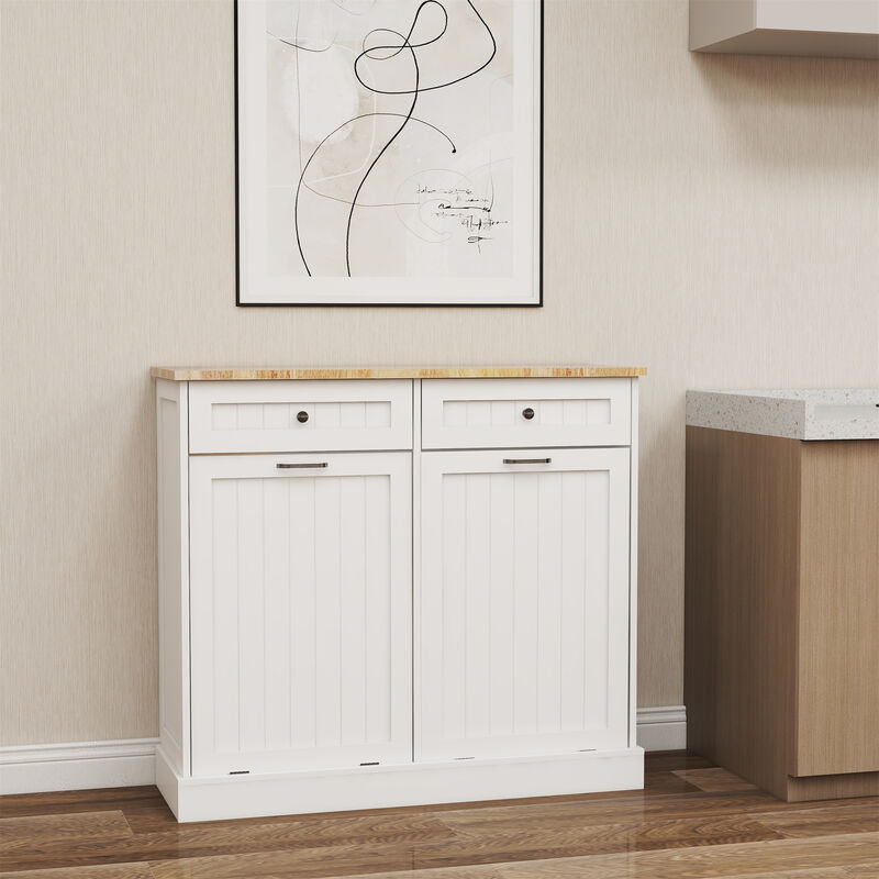 39.37 in. W x 13.78 in. D x 35.34 in. H Ready to Assemble Trash Can Kitchen Cabinet in White with 2 Drawers