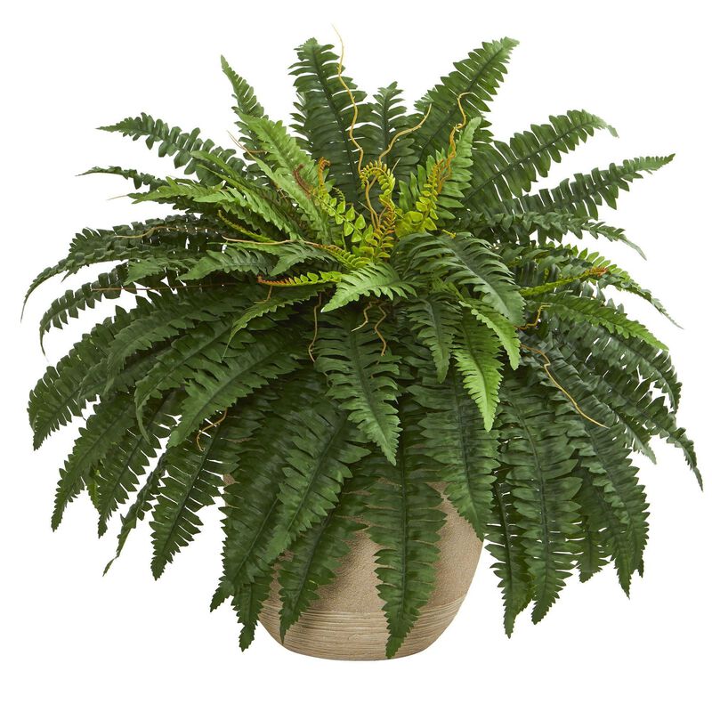 Nearly Natural 22-in Boston Fern Artificial Plant in Sandstone Planter
