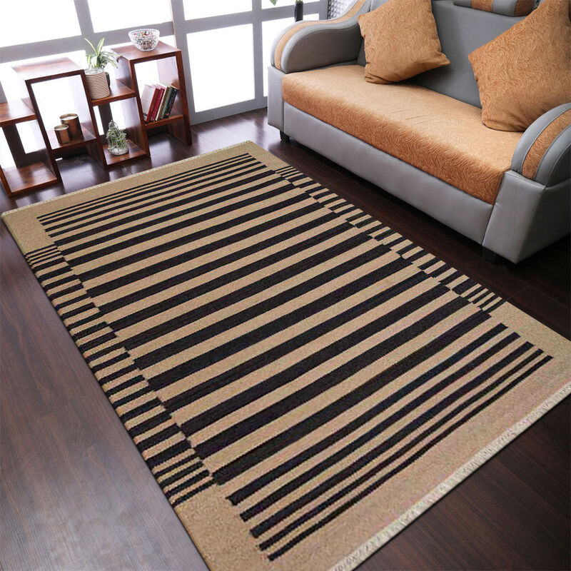 Rugsotic Carpets Hand Woven Flat Weave Kilim Wool 10'x13' Area Rug Cream Charcoal D00125