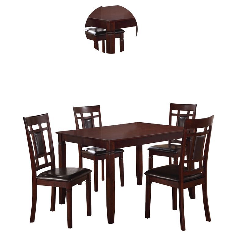 Wooden And Leather 5 Pieces Dining Set In Brown And Black-Benzara