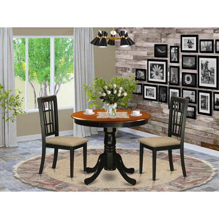 3 PC Dining Table with 2 Linen Chairs in Black and Cherry