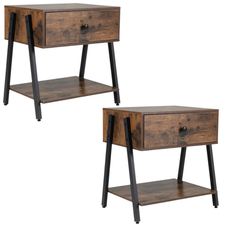 2-Pack Industrial Nightstand Set with Adjustable Foot Pads Storage