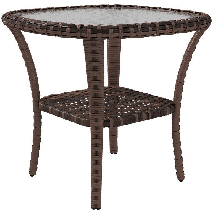 Outsunny Rattan Coffee Table with Storage Shelf, Wicker Side Table with Glass Top, Outdoor End Table for Garden, Porch, Backyard, Mix Brown