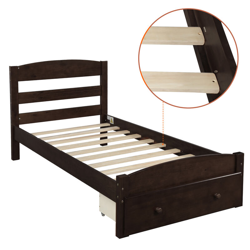 Whisen Platform Twin Bed Frame with Storage Drawer and Wood Slat Support, No Box Spring Needed - Gray