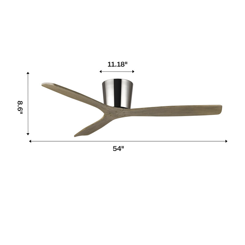 54 in. Polish Nickel Solid Wood Blades Flush Mount Ceiling Fan with Remote without Light