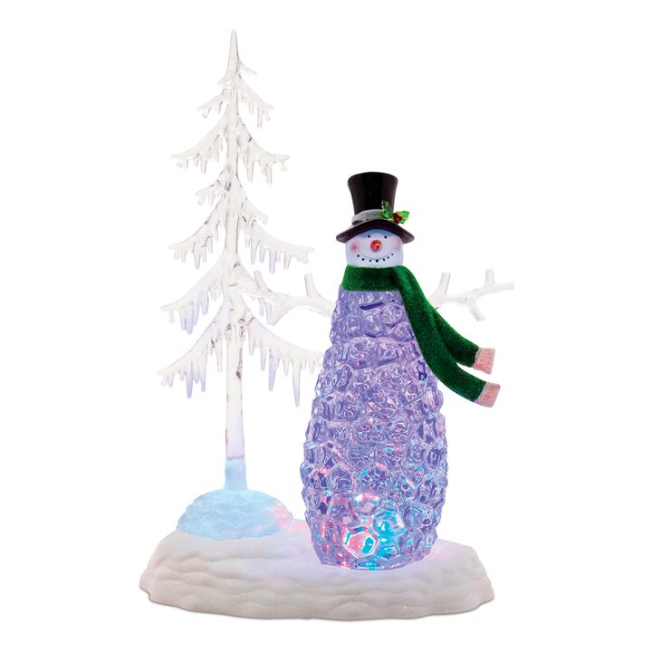 Snowman with Pine Tree Christmas Decoration – LED Multicolored Light-Up Tabletop Holiday Figure