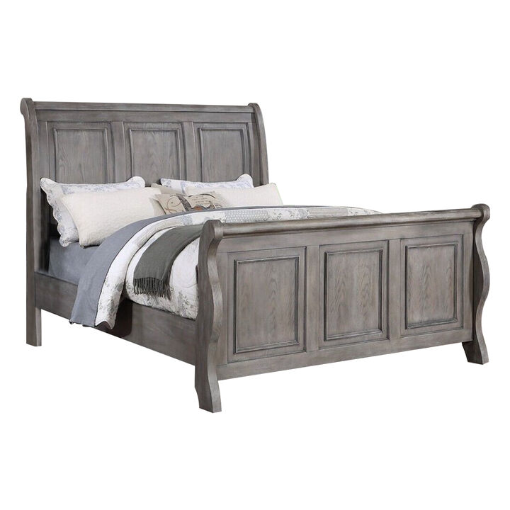 Demi Queen Size Bed, Sleigh Headboard, Tri Panel Molding, Oak Gray Wood - Benzara