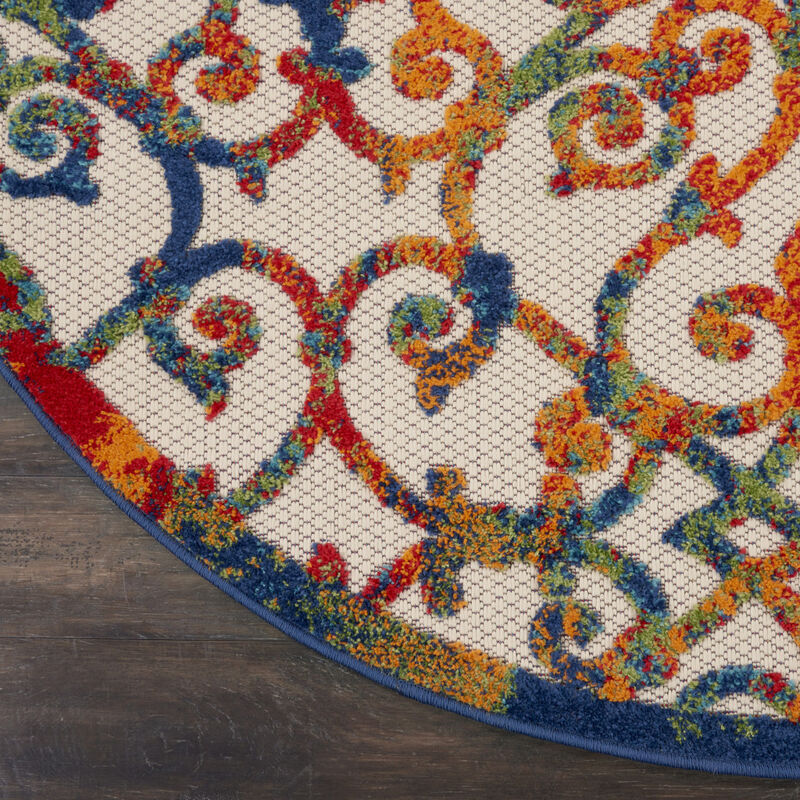 HomeRoots 5' Ivory Blue Orange And Green Round Trellis Indoor Outdoor Area Rug image number 5