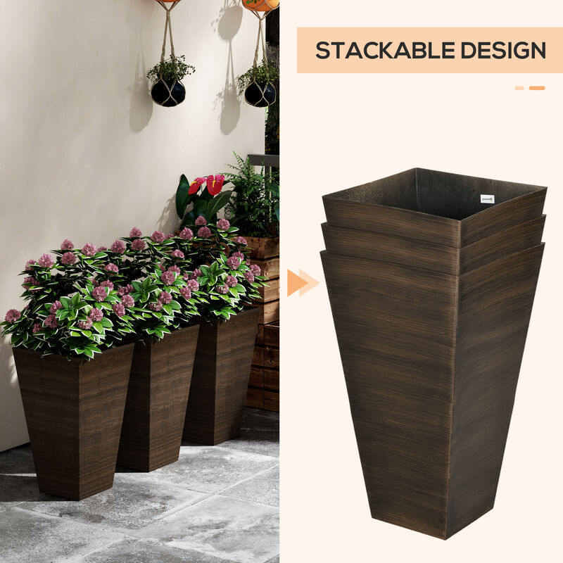 Outsunny 28" Tall Outdoor Planters, Set of 3 Large Taper Planters with Drainage Holes and Plug, Faux Wood Plastic Flower Pots for Outdoor, Indoor, Garden, Patio, Brown
