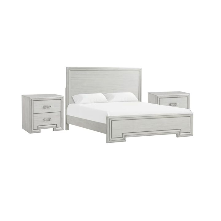 3pc King Bedroom Set, Rustic White, White, Nickel Wood, 2 Nightstands