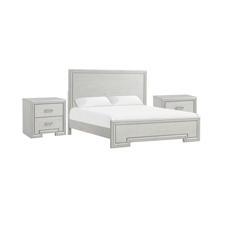 3pc King Bedroom Set, Rustic White, White, Nickel Wood, 2 Nightstands image number 0