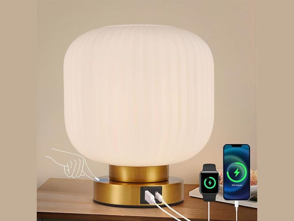 Table Lamp &ndash; Touch Dimmable Brass Base with USB‑C/A Ports & Cream Glass Shade