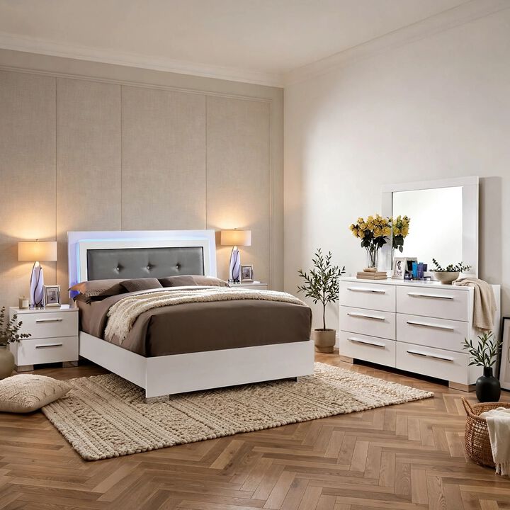 Gely 5pc Queen Bedroom Set, 2 Nightstands, Button Tufted, LED, Glossy White