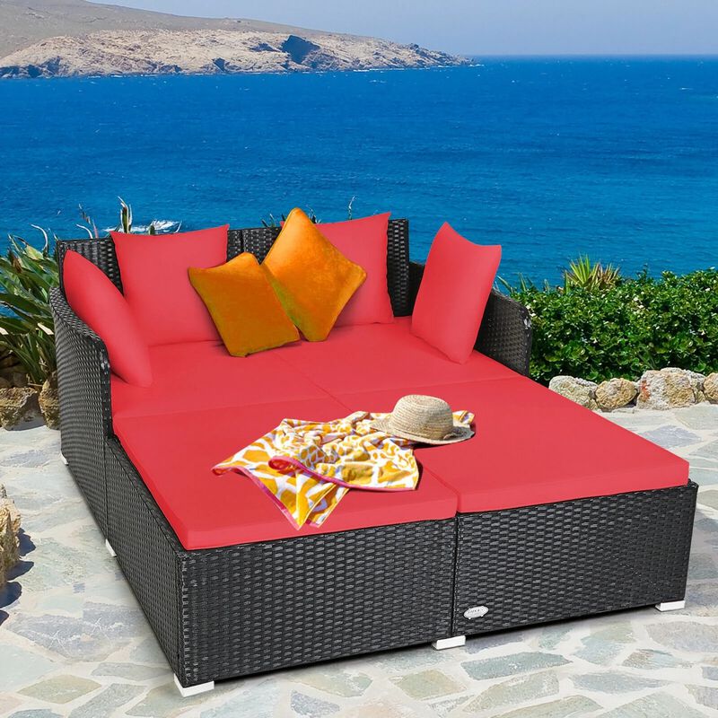 Mondawe Spacious Outdoor Rattan Daybed with Upholstered Cushions and Pillows