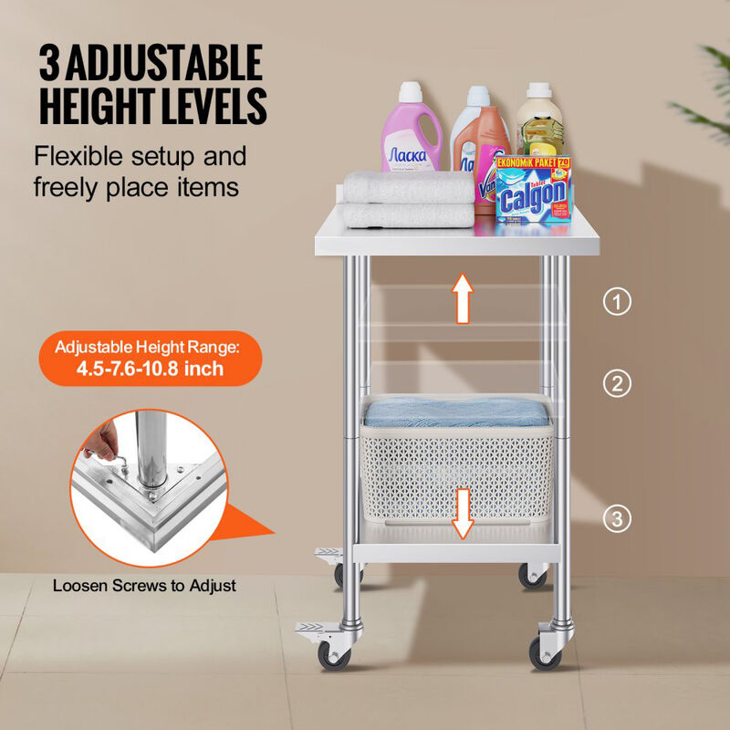Commercial Stainless Steel Food Prep Table with Rolling Casters, Adjustable Height Utility Workbench-Silver image number 7