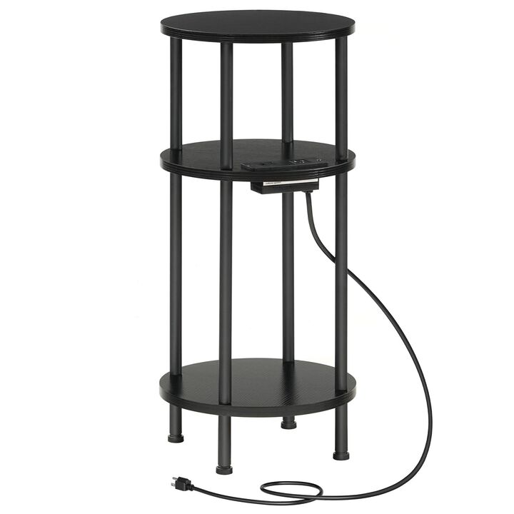 Small Round End Table with 3-Tier Storage and Charging Station & USB Ports