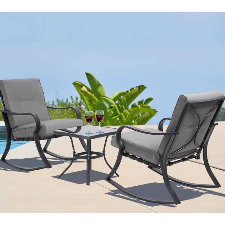 Hivvago Outdoor 3-Piece Patio Furniture Table Rocking Chairs Set with Grey Cushions
