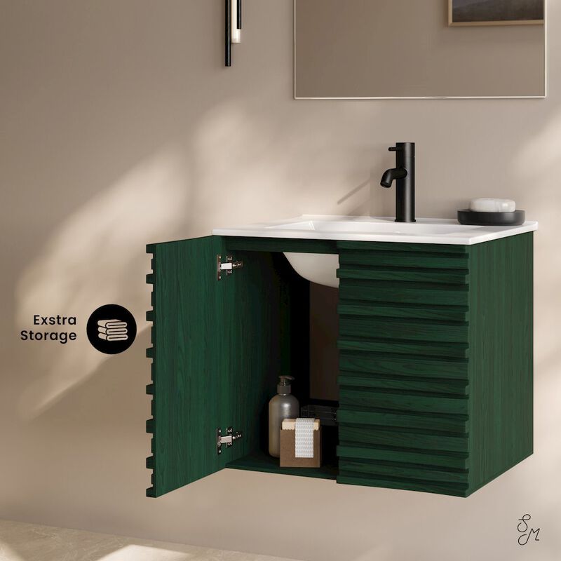 Cascade 24" Wall-Mounted Bathroom Vanity in Green Oak with Sink Top image number 2