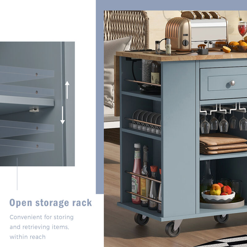 Whisen Modern Kitchen Island with Drop Leaf and Wheels - Grey Blue