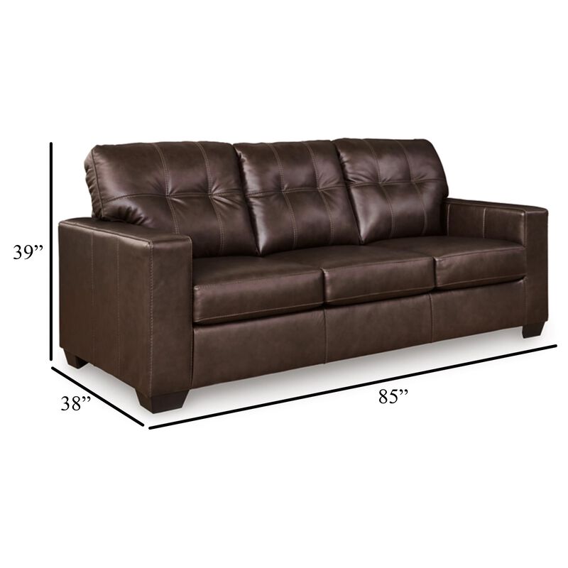 Orion Sofa, Dark Brown Tufted Real and Faux Leather Cushions, 85 Inch
