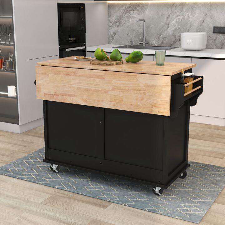 Kitchen Cart with Rubber wood Drop-Leaf Countertop, Concealed sliding barn door adjustable height, Kitchen Island on 4 Wheels with Storage Cabinet and 2 Drawers, L52.2xW30.5xH36.6 inch, Black