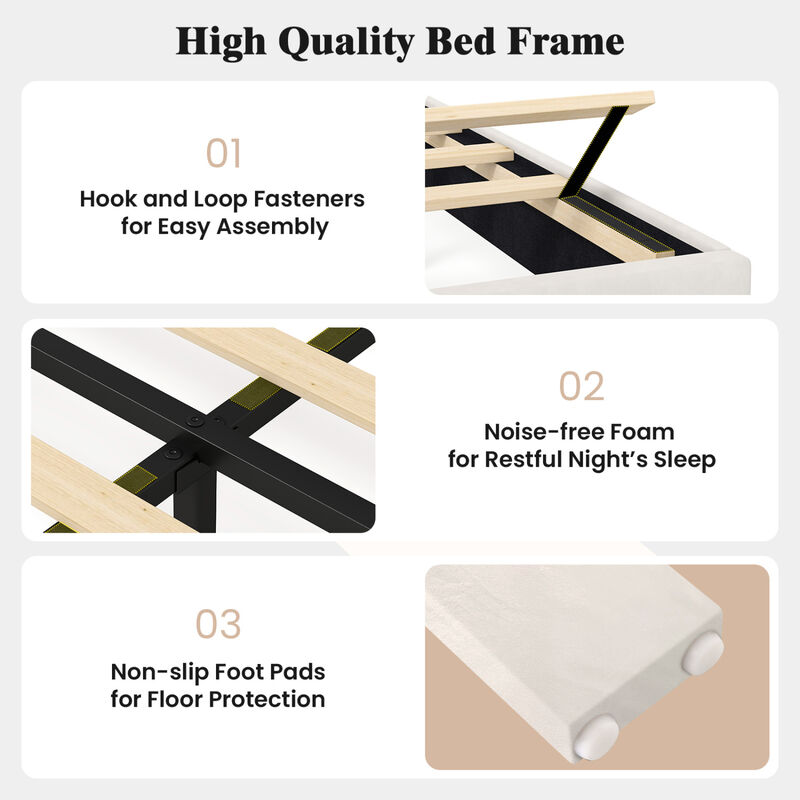Velvet Platform Bed with Upholstered Headboard and Noise Free Design image number 6