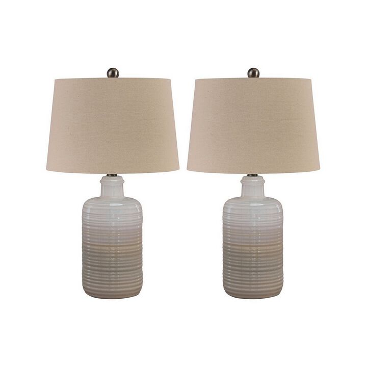 Ceramic Body Table Lamp with Brushed Details, Set of 2, Beige and White-Benzara