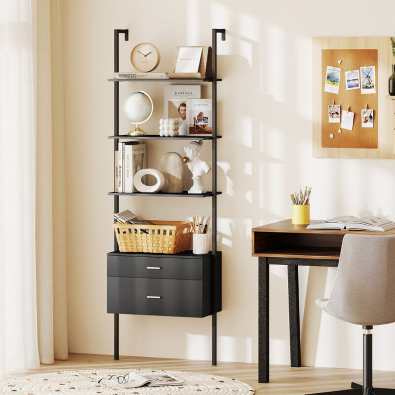 Modern 4-Tier Ladder Bookcase with Drawers, Metal Frame Display Shelf-Black image number 5